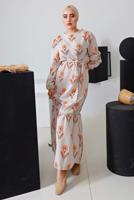 Tesettür giyim TURUNCU ÇİÇEK DESENLİ KUŞAKLI KETEN ELBİSE 4452 