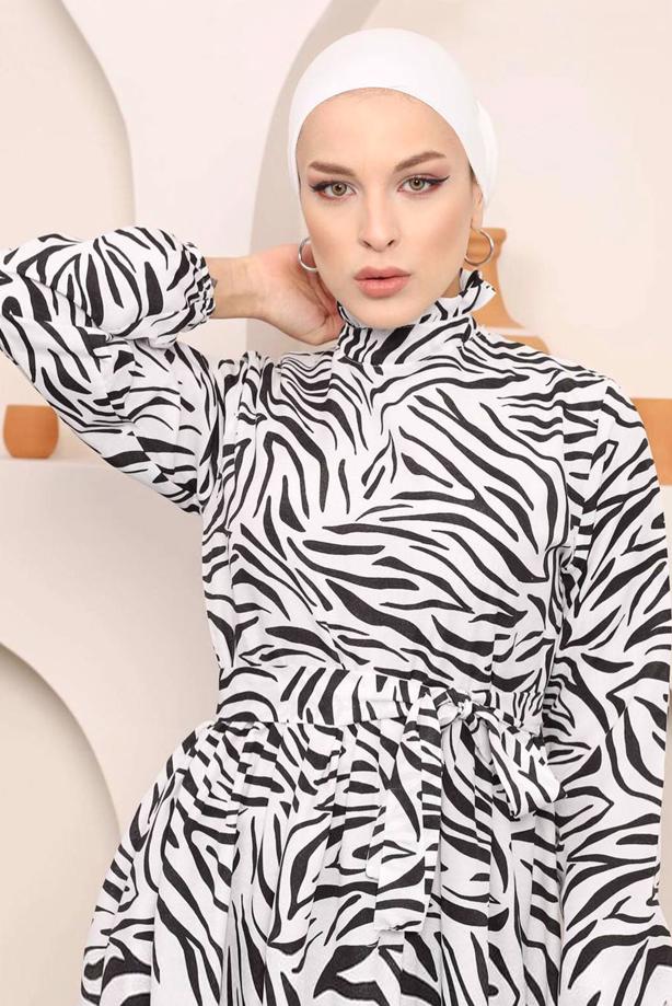 Hijab clothing ZEBRA PATTERN BELTED COTTON DRESS 45001 - TRENDTESETTÜR