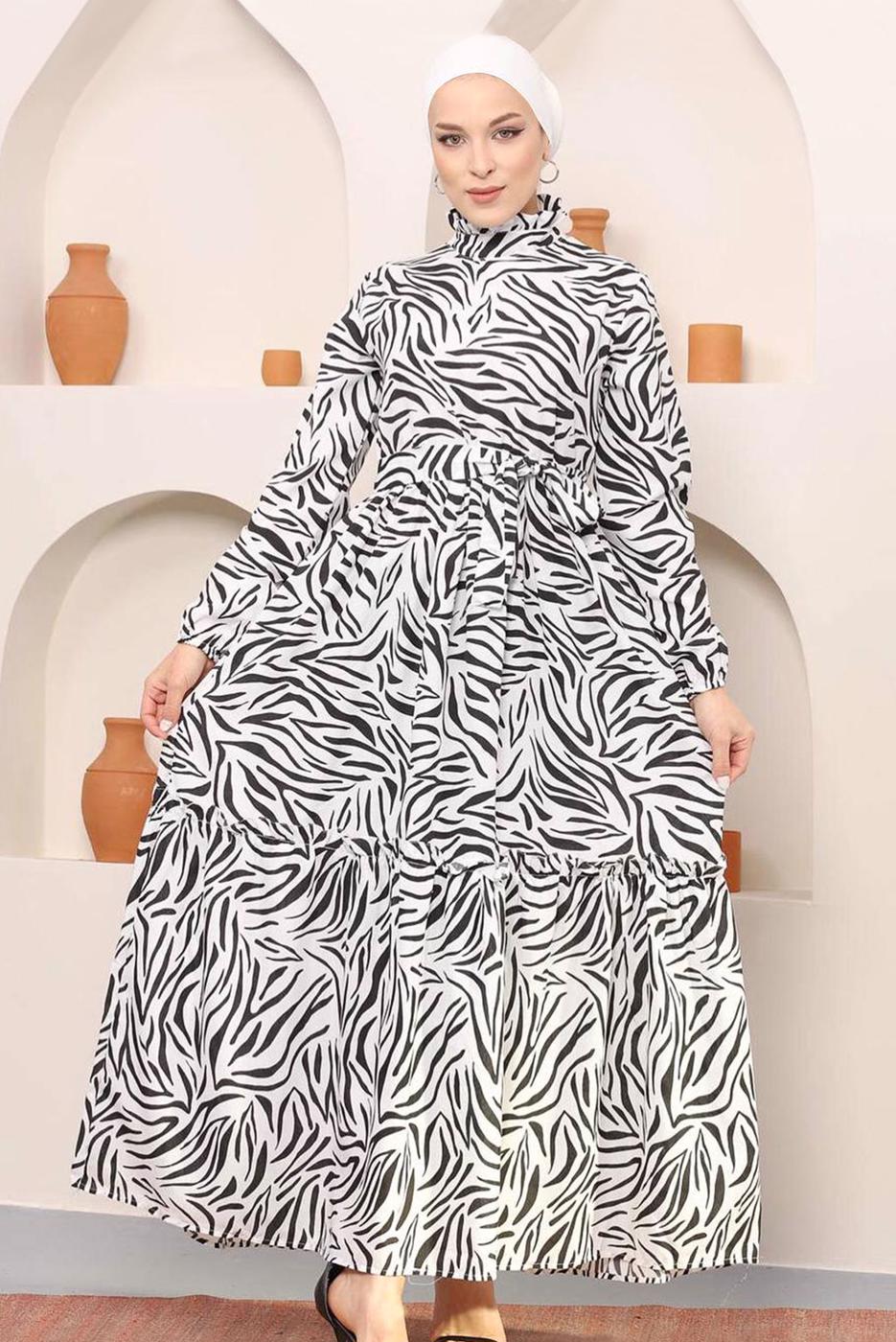 Hijab clothing BLACK ZEBRA PATTERN BELTED COTTON DRESS 45001 