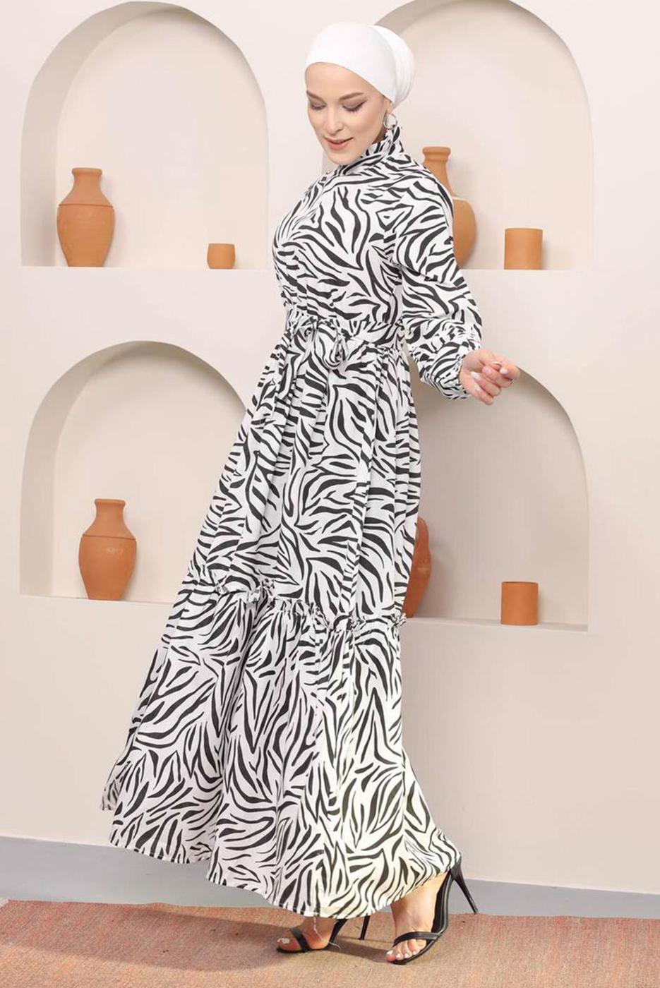 Hijab clothing BLACK ZEBRA PATTERN BELTED COTTON DRESS 45001 