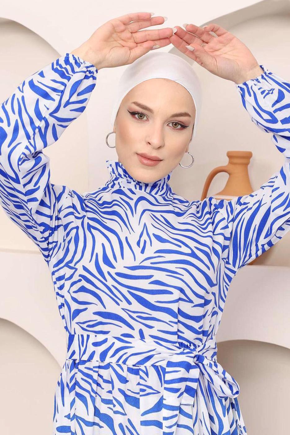 Tesettür giyim LACİVERT ZEBRA DESEN KUŞAKLI PAMUKLU ELBİSE 45001 