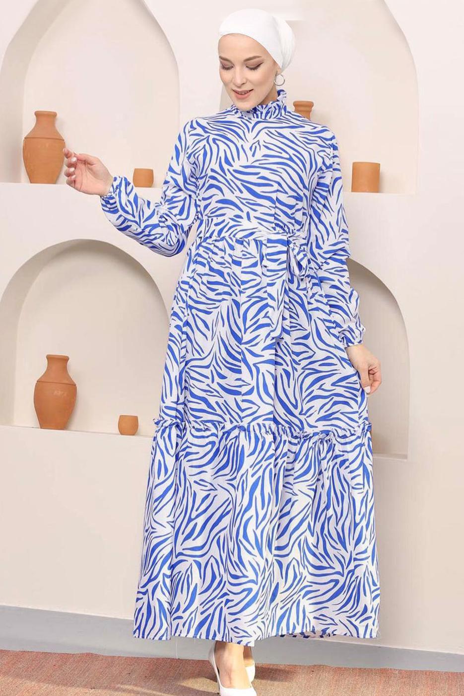 Tesettür giyim LACİVERT ZEBRA DESEN KUŞAKLI PAMUKLU ELBİSE 45001 