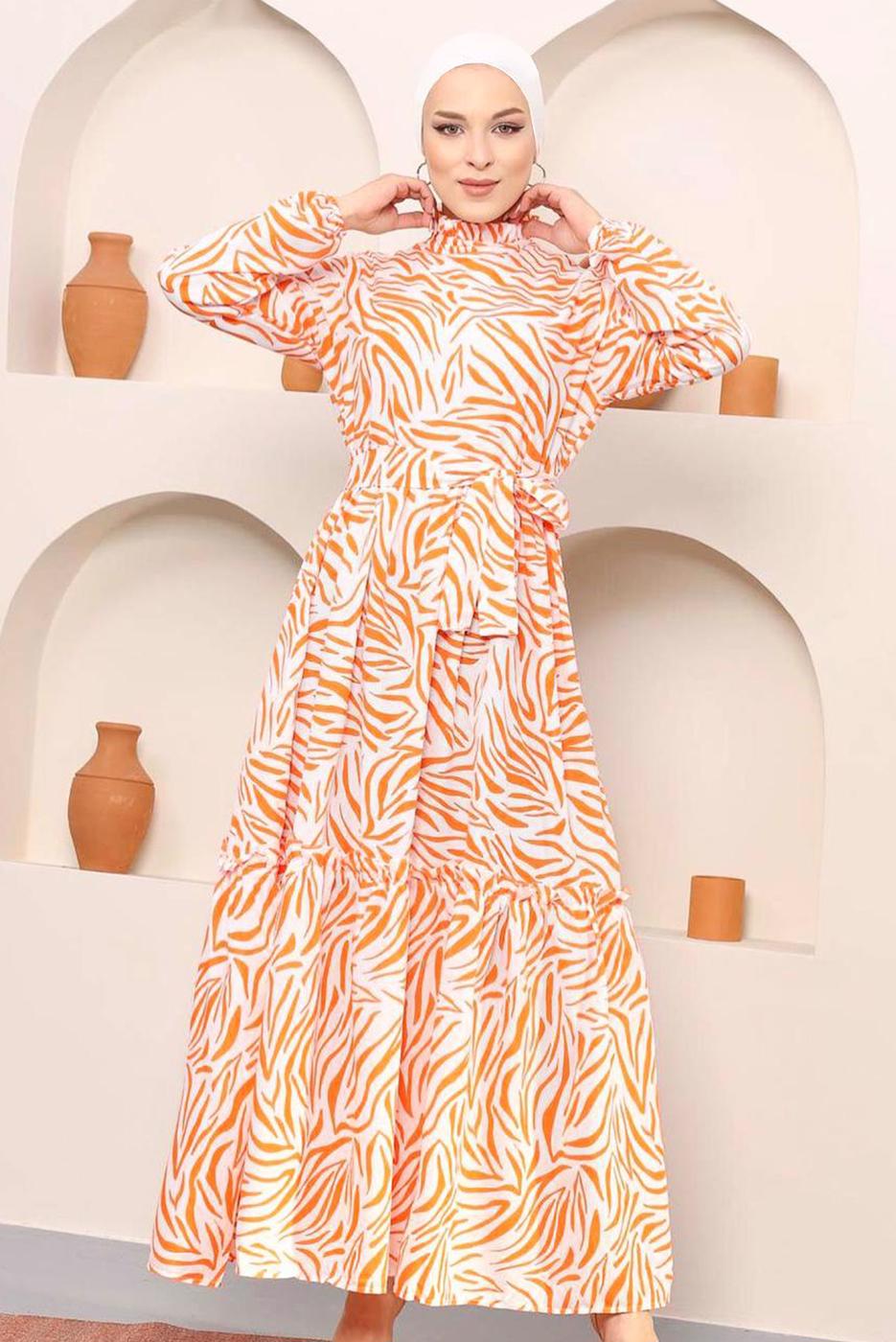 Tesettür giyim TURUNCU ZEBRA DESEN KUŞAKLI PAMUKLU ELBİSE 45001 