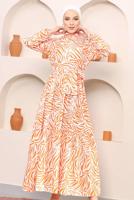 Tesettür giyim TURUNCU ZEBRA DESEN KUŞAKLI PAMUKLU ELBİSE 45001 