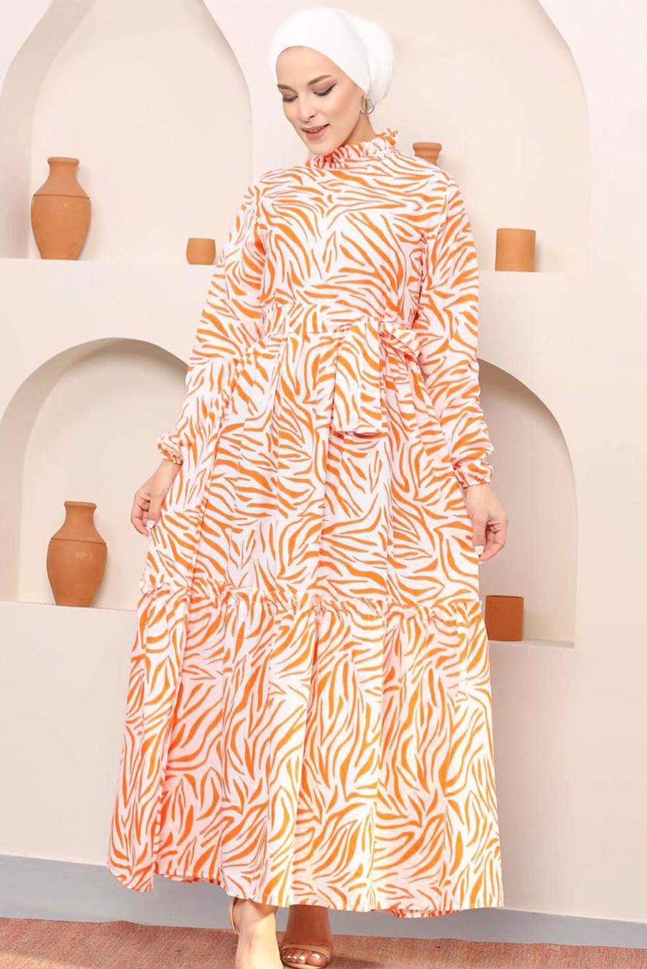 Tesettür giyim TURUNCU ZEBRA DESEN KUŞAKLI PAMUKLU ELBİSE 45001 