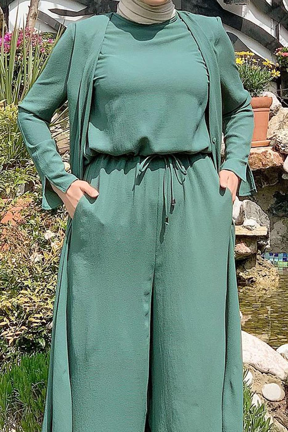 Tesettür giyim YEŞİL CEKET DETAYLI TULUM T 4513