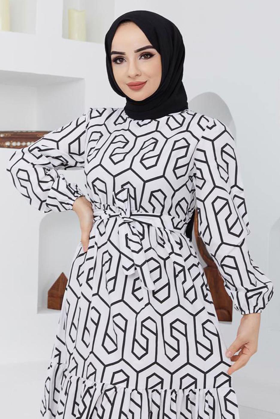Tesettür giyim SİYAH GEOMETRİK DESENLİ ELBİSE 50047 