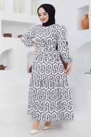 Tesettür giyim SİYAH GEOMETRİK DESENLİ ELBİSE 50047 