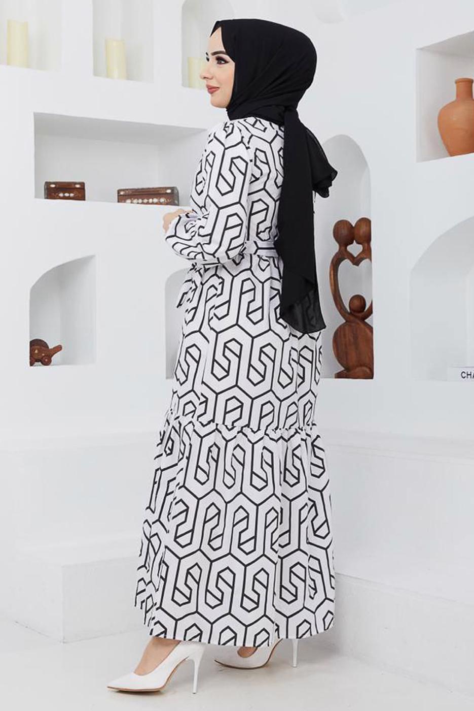 Tesettür giyim SİYAH GEOMETRİK DESENLİ ELBİSE 50047 