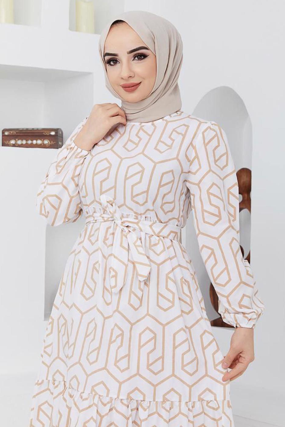 Tesettür giyim BEJ GEOMETRİK DESENLİ ELBİSE 50047 