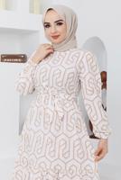 Tesettür giyim BEJ GEOMETRİK DESENLİ ELBİSE 50047 