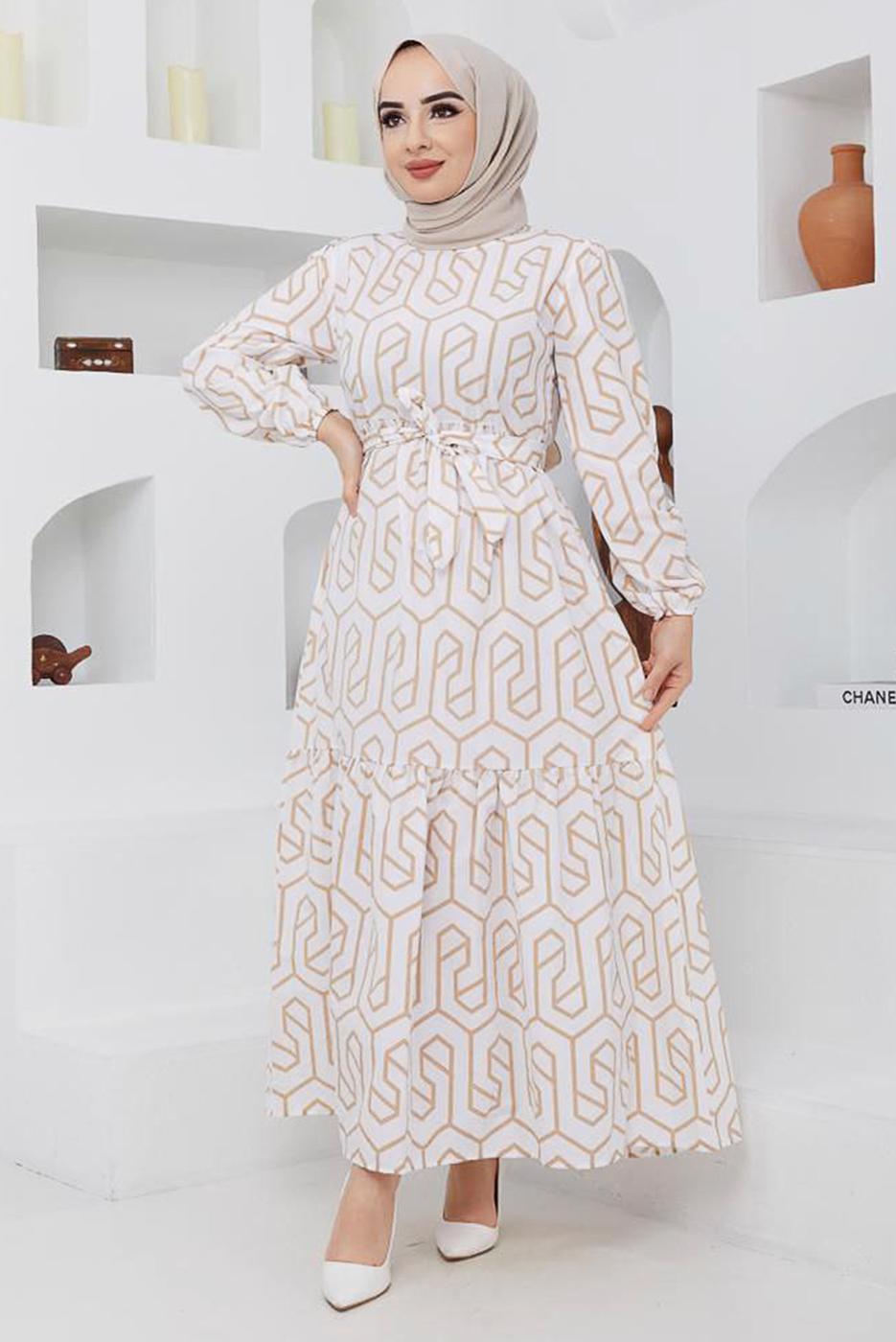 Tesettür giyim BEJ GEOMETRİK DESENLİ ELBİSE 50047 