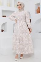 Tesettür giyim BEJ GEOMETRİK DESENLİ ELBİSE 50047 