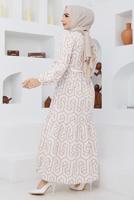 Tesettür giyim BEJ GEOMETRİK DESENLİ ELBİSE 50047 