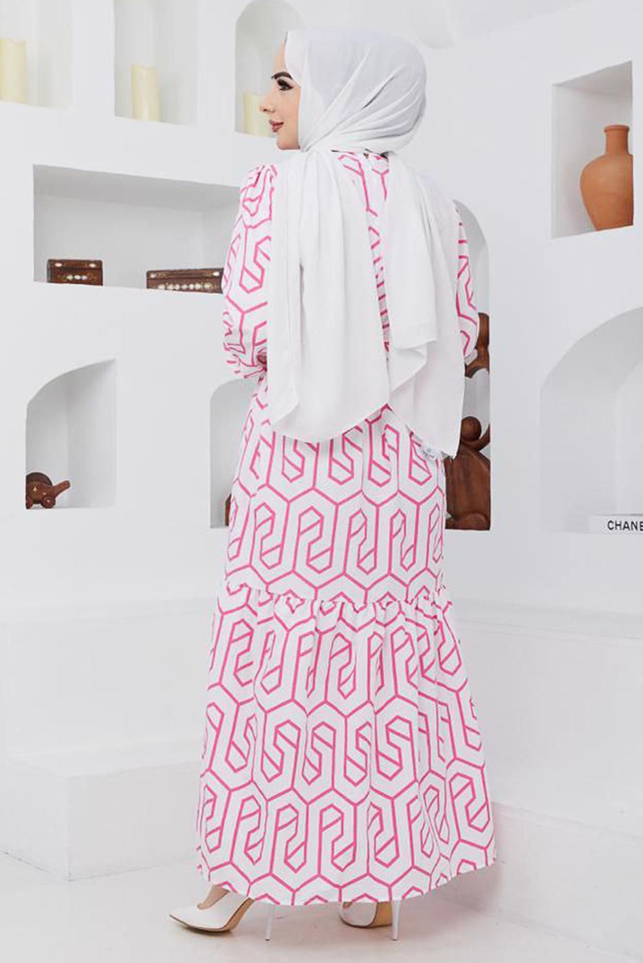 Tesettür giyim PEMBE GEOMETRİK DESENLİ ELBİSE 50047 