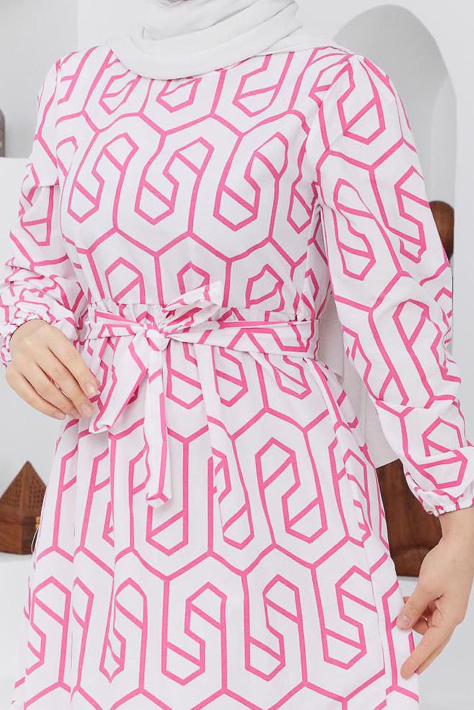 Tesettür giyim PEMBE GEOMETRİK DESENLİ ELBİSE 50047 