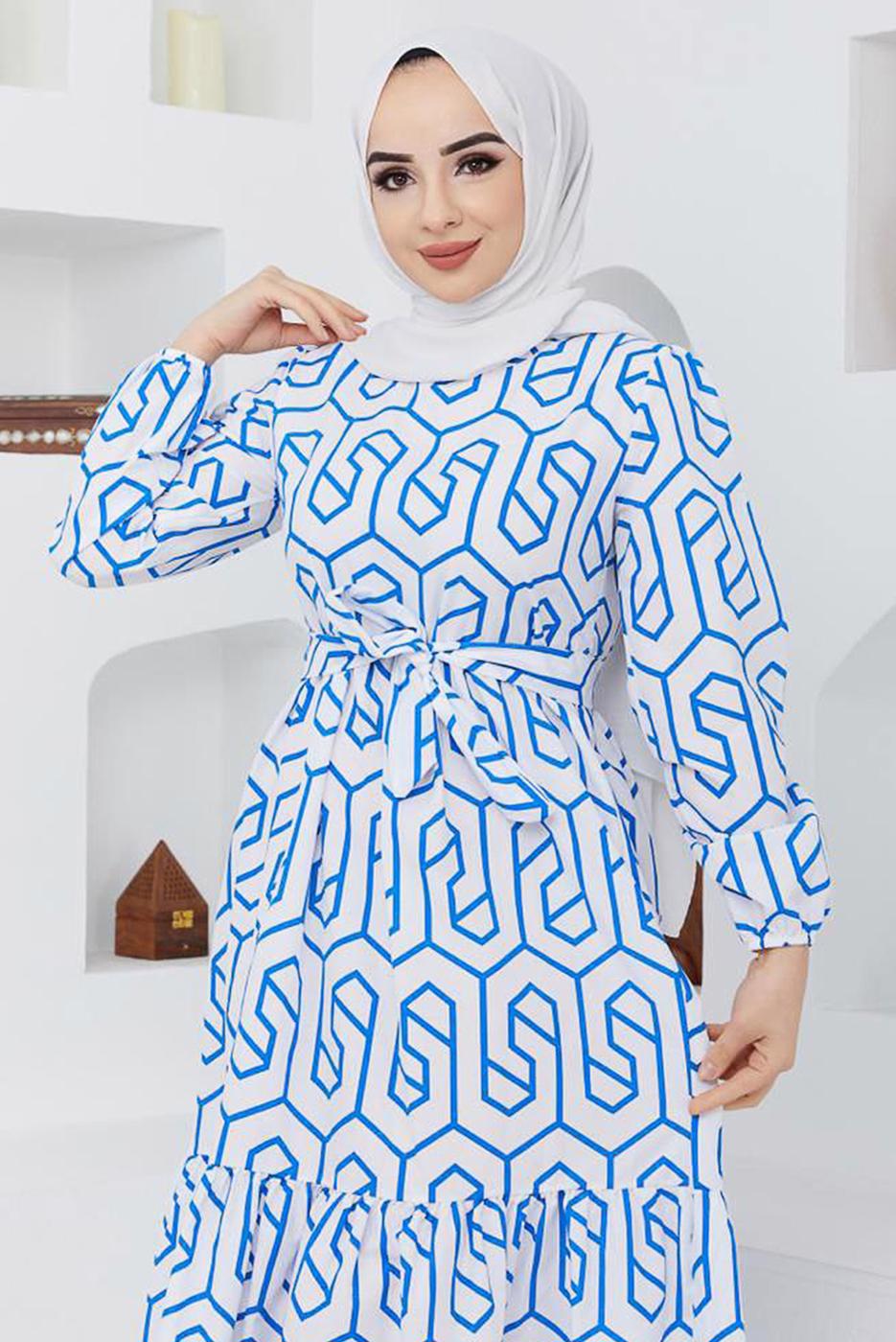 Tesettür giyim LACİVERT GEOMETRİK DESENLİ ELBİSE 50047 