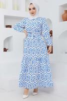 Tesettür giyim LACİVERT GEOMETRİK DESENLİ ELBİSE 50047 