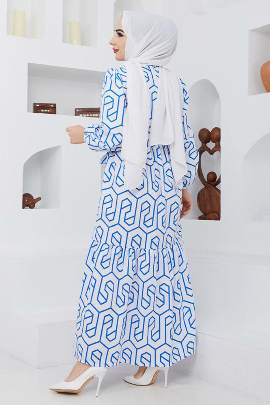 Tesettür giyim LACİVERT GEOMETRİK DESENLİ ELBİSE 50047 