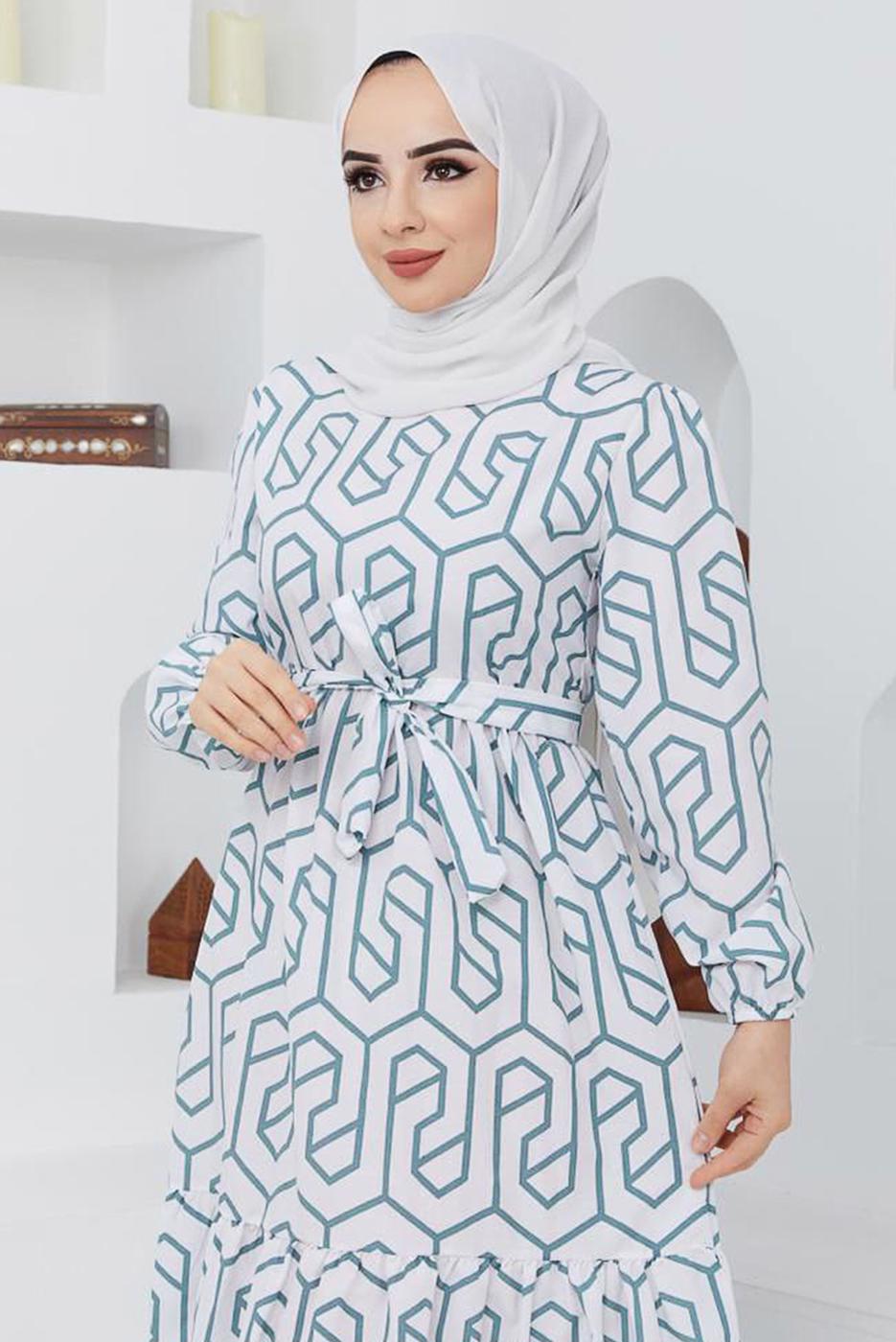 Tesettür giyim YEŞİL GEOMETRİK DESENLİ ELBİSE 50047 