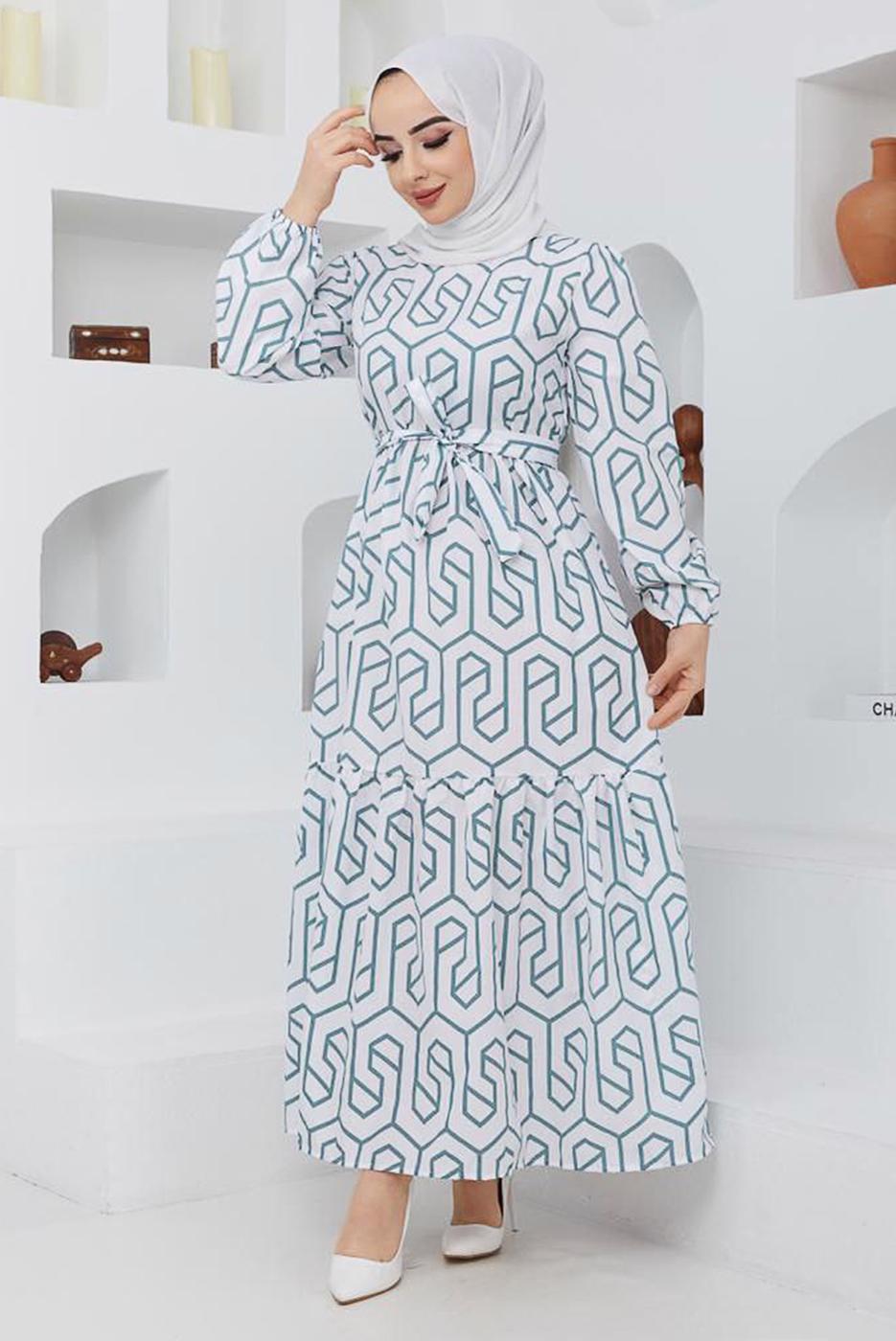 Tesettür giyim YEŞİL GEOMETRİK DESENLİ ELBİSE 50047 