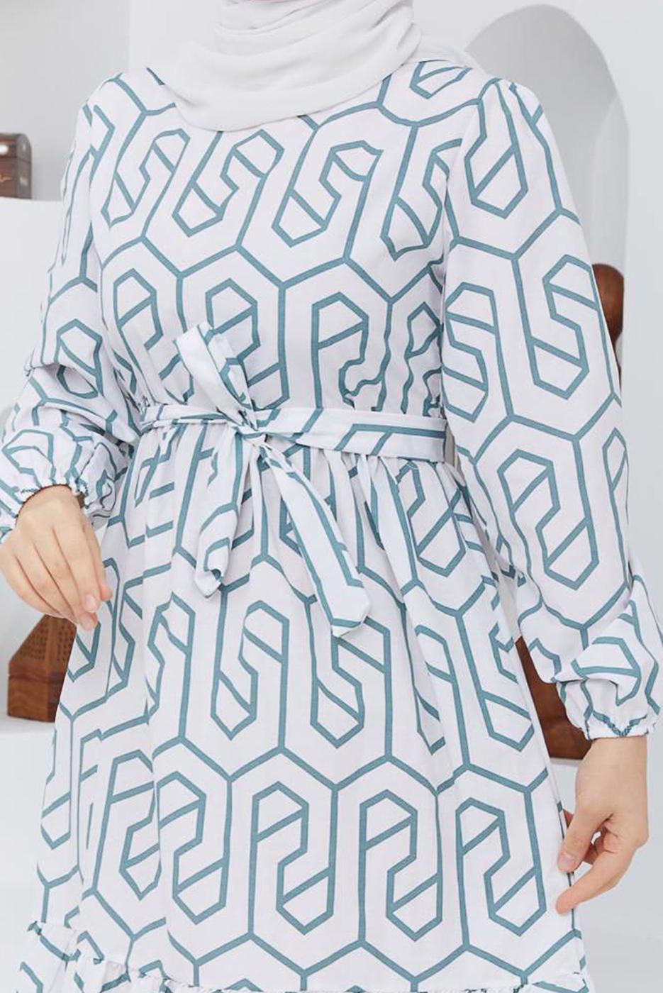 Tesettür giyim YEŞİL GEOMETRİK DESENLİ ELBİSE 50047 