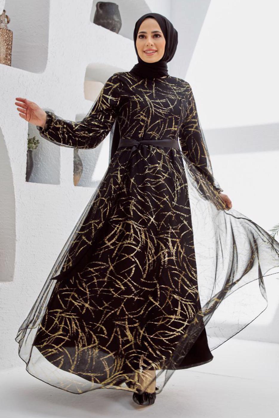 Tesettür giyim SİYAH PARLAK DESENLİ ELBİSE 50060 