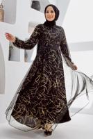 Tesettür giyim SİYAH PARLAK DESENLİ ELBİSE 50060 