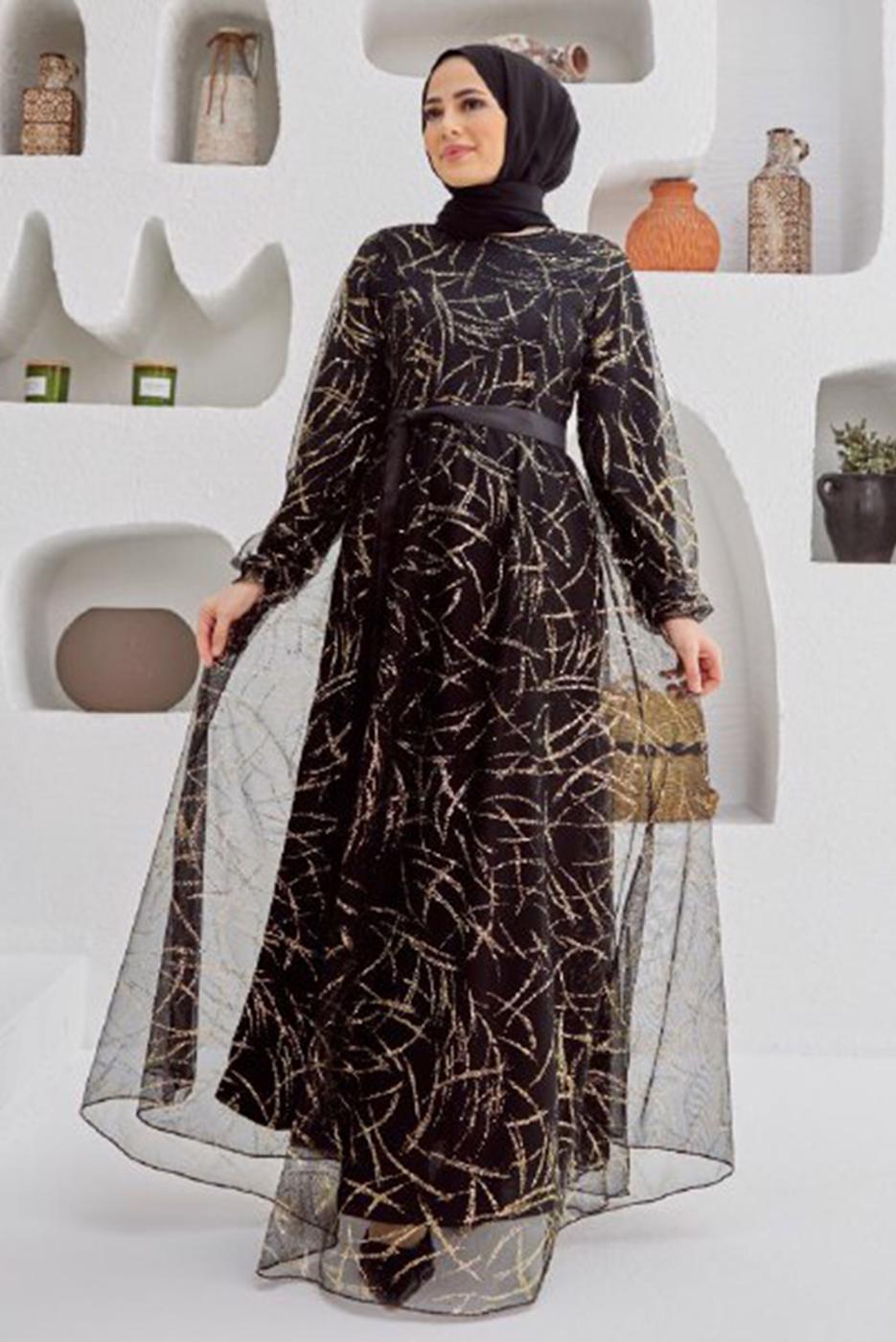 Tesettür giyim SİYAH PARLAK DESENLİ ELBİSE 50060 
