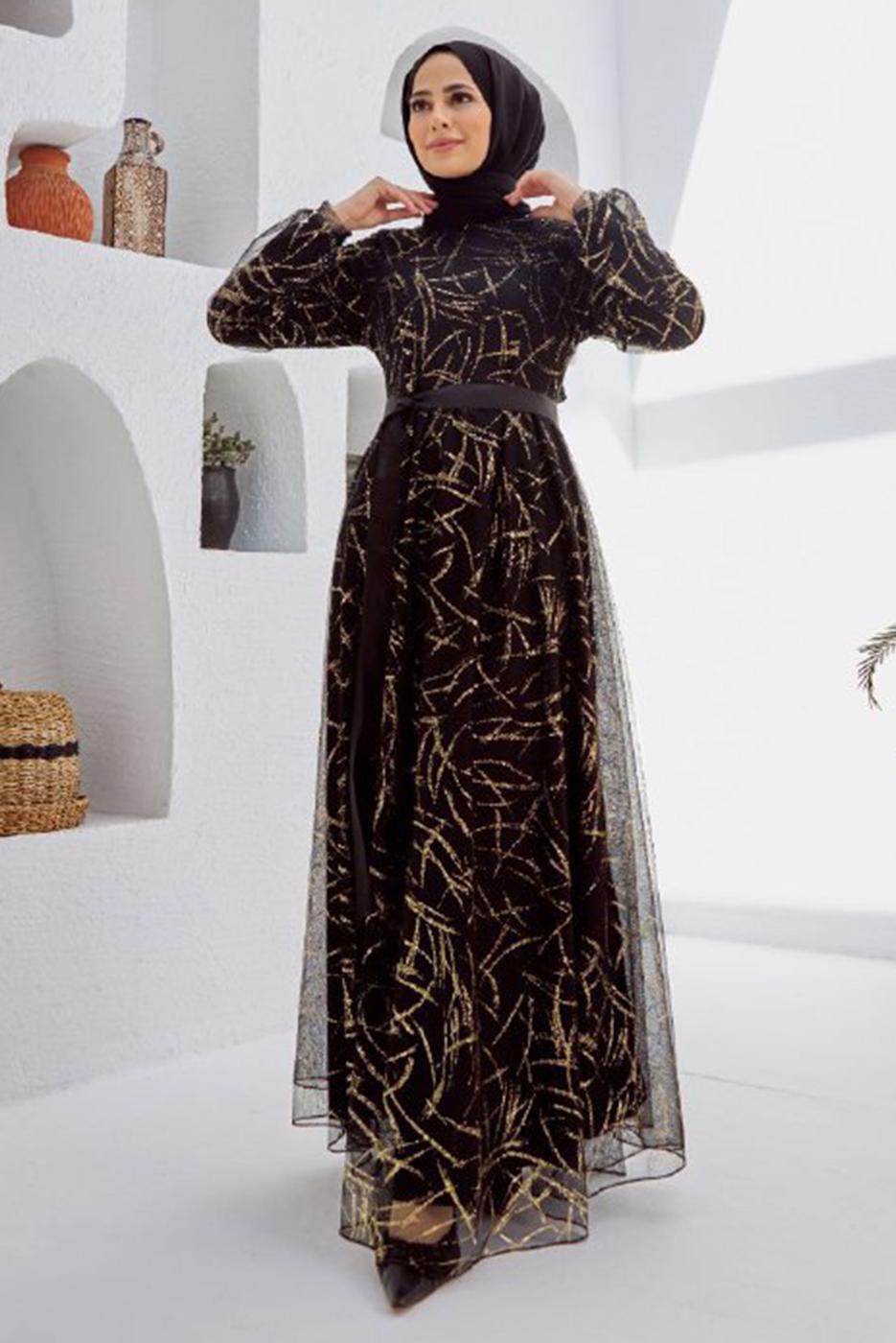 Tesettür giyim SİYAH PARLAK DESENLİ ELBİSE 50060 
