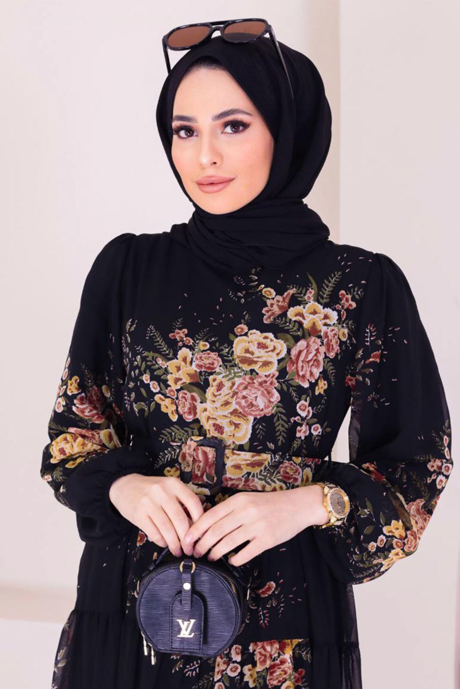 Tesettür giyim SİYAH ÇİÇEK DESENLİ KEMERLİ ELBİSE 50061 