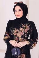 Tesettür giyim SİYAH ÇİÇEK DESENLİ KEMERLİ ELBİSE 50061 