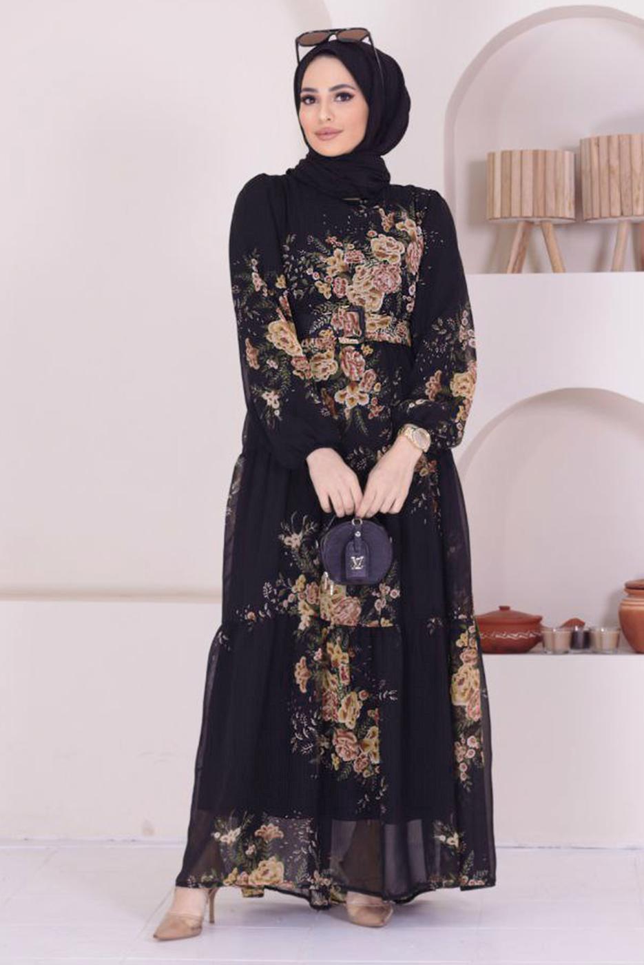 Tesettür giyim SİYAH ÇİÇEK DESENLİ KEMERLİ ELBİSE 50061 