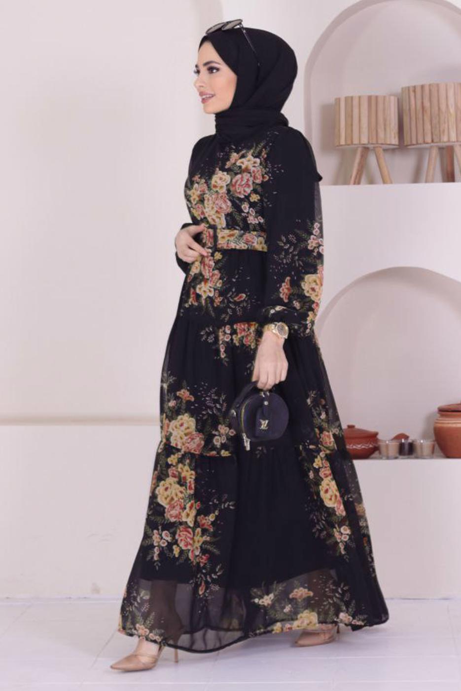 Tesettür giyim SİYAH ÇİÇEK DESENLİ KEMERLİ ELBİSE 50061 