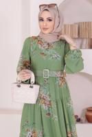 Tesettür giyim YEŞİL ÇİÇEK DESENLİ KEMERLİ ELBİSE 50061 