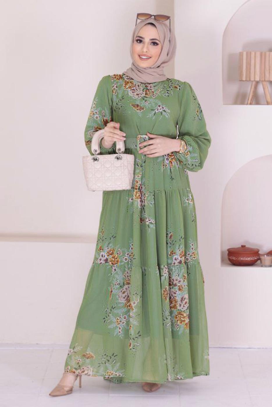 Tesettür giyim YEŞİL ÇİÇEK DESENLİ KEMERLİ ELBİSE 50061 