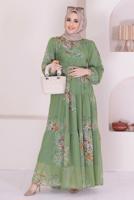 Tesettür giyim YEŞİL ÇİÇEK DESENLİ KEMERLİ ELBİSE 50061 
