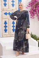 Tesettür giyim LACİVERT DESENLİ ŞİFON ELBİSE 50062 