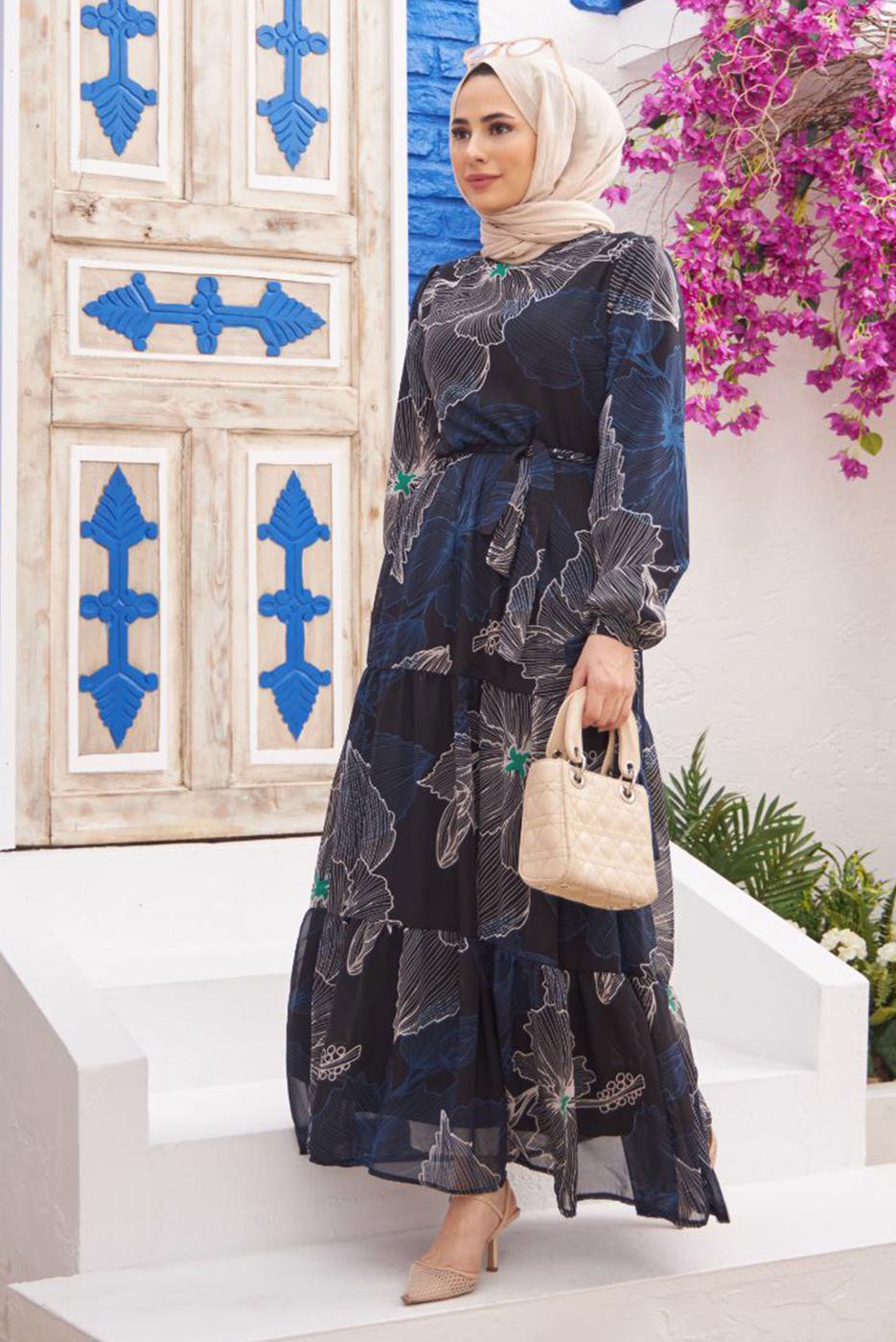 Tesettür giyim LACİVERT DESENLİ ŞİFON ELBİSE 50062 