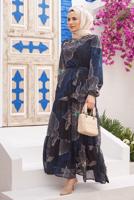 Tesettür giyim LACİVERT DESENLİ ŞİFON ELBİSE 50062 