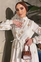 Tesettür giyim KREM ÇİÇEK BASKILI BELİ BÜZGÜLÜ ELBİSE 5137