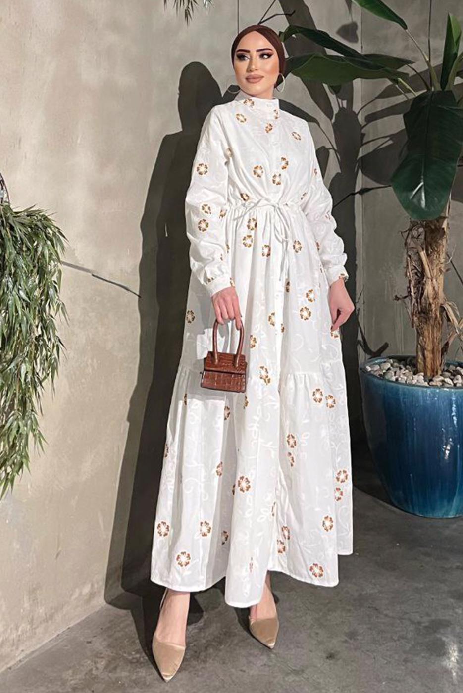 Tesettür giyim KREM ÇİÇEK BASKILI BELİ BÜZGÜLÜ ELBİSE 5137