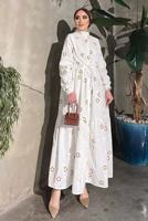 Tesettür giyim KREM ÇİÇEK BASKILI BELİ BÜZGÜLÜ ELBİSE 5137