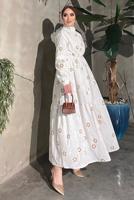 Tesettür giyim KREM ÇİÇEK BASKILI BELİ BÜZGÜLÜ ELBİSE 5137