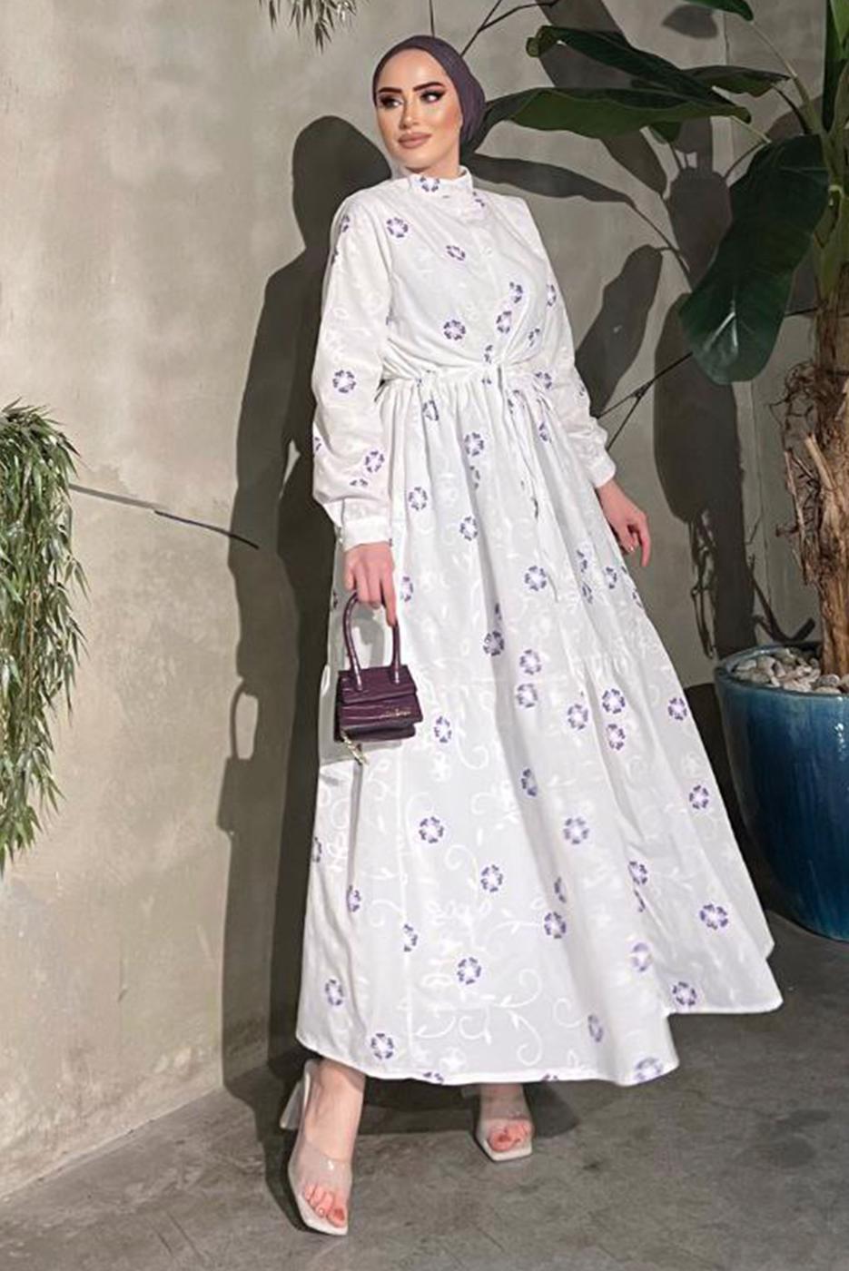 Tesettür giyim KREM ÇİÇEK BASKILI BELİ BÜZGÜLÜ ELBİSE 5137