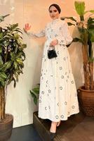 Tesettür giyim KREM ÇİÇEK BASKILI BELİ BÜZGÜLÜ ELBİSE 5137