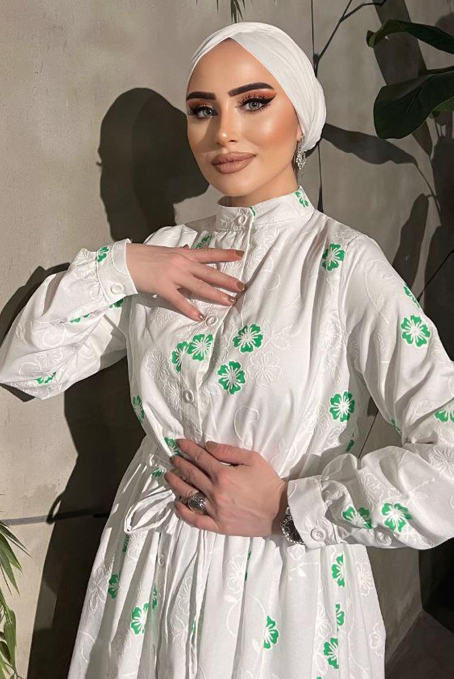 Tesettür giyim KREM ÇİÇEK BASKILI BELİ BÜZGÜLÜ ELBİSE 5137