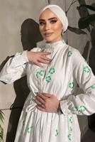 Tesettür giyim KREM ÇİÇEK BASKILI BELİ BÜZGÜLÜ ELBİSE 5137