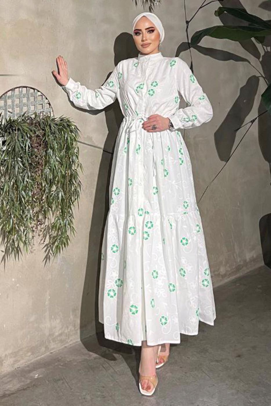 Tesettür giyim KREM ÇİÇEK BASKILI BELİ BÜZGÜLÜ ELBİSE 5137