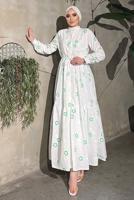 Tesettür giyim KREM ÇİÇEK BASKILI BELİ BÜZGÜLÜ ELBİSE 5137